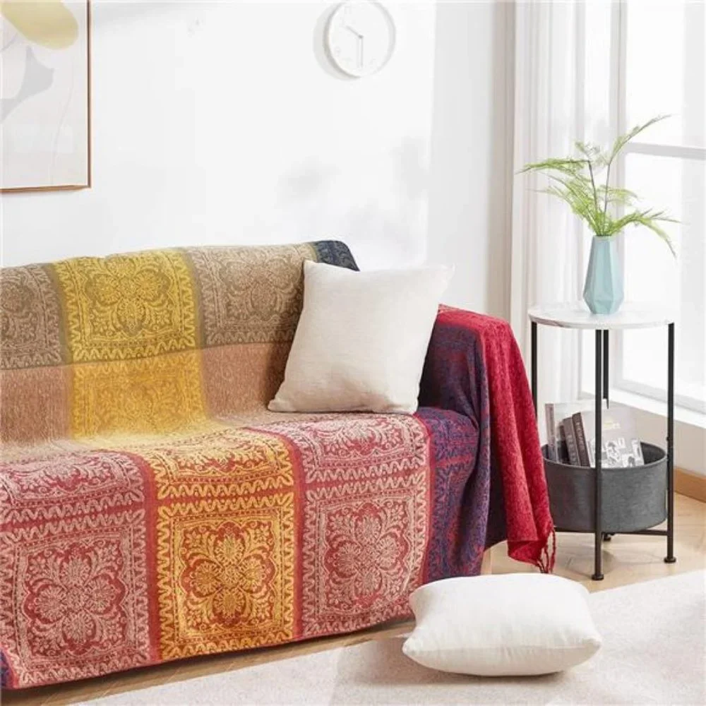 Boho Sofa Cover, Chenille Jacquard Tassels Throw Blankets for Couch bed